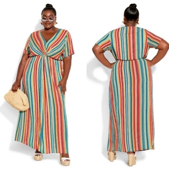 City Chic Magic Stripe Short Sleeve Maxi Dress Rainbow Women's Size XS 14 - Picture 1 of 10